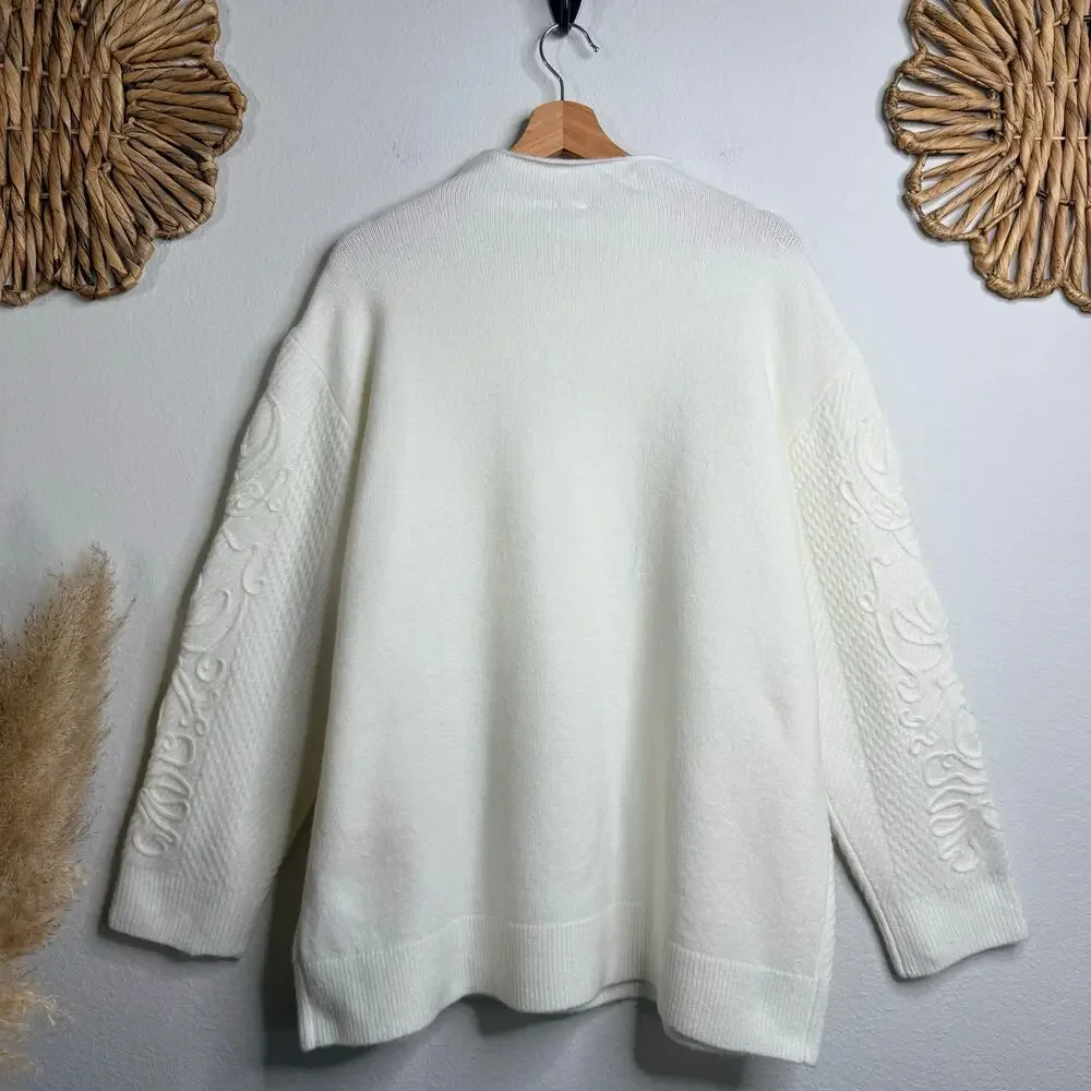 Anne Klein sweater wool blend cable knit embroidered XL
